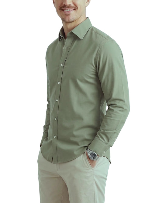 Men's Olive Solid Oxford Shirt (65% Cotton) – Slim Fit