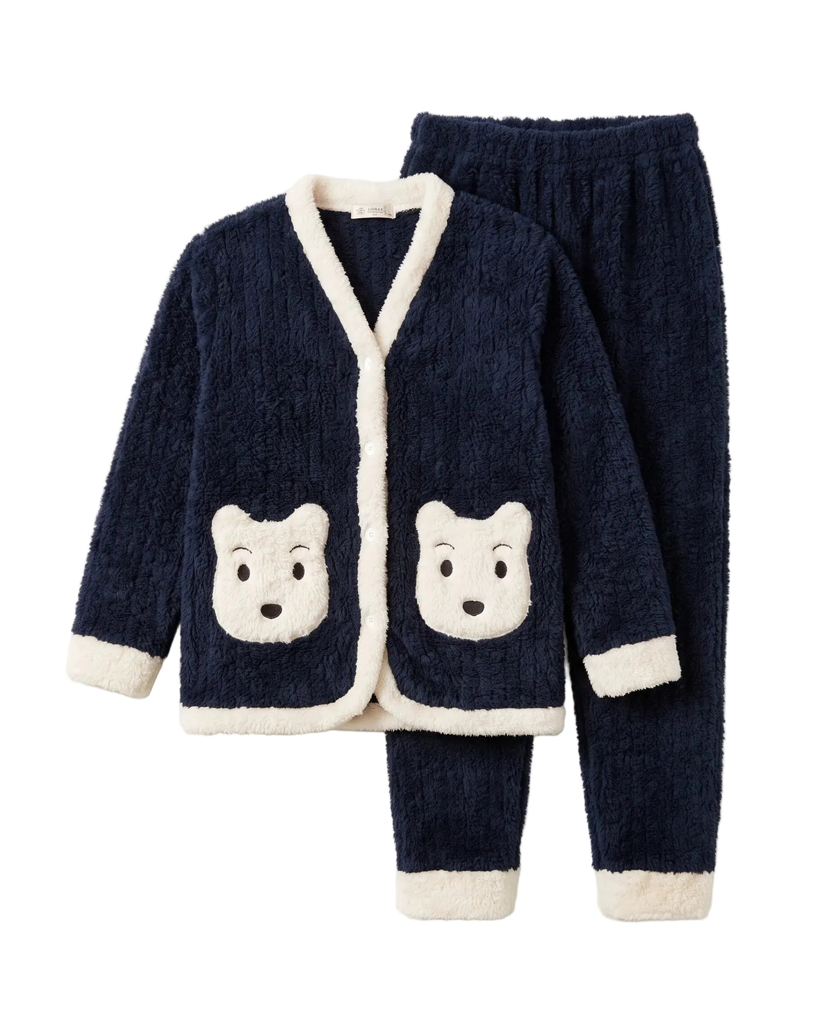 A two-piece children's pajama set in textured navy blue fleece, featuring a cardigan with cream sherpa trim and bear face appliques on the front, paired with matching fleece pants with cream trim.
