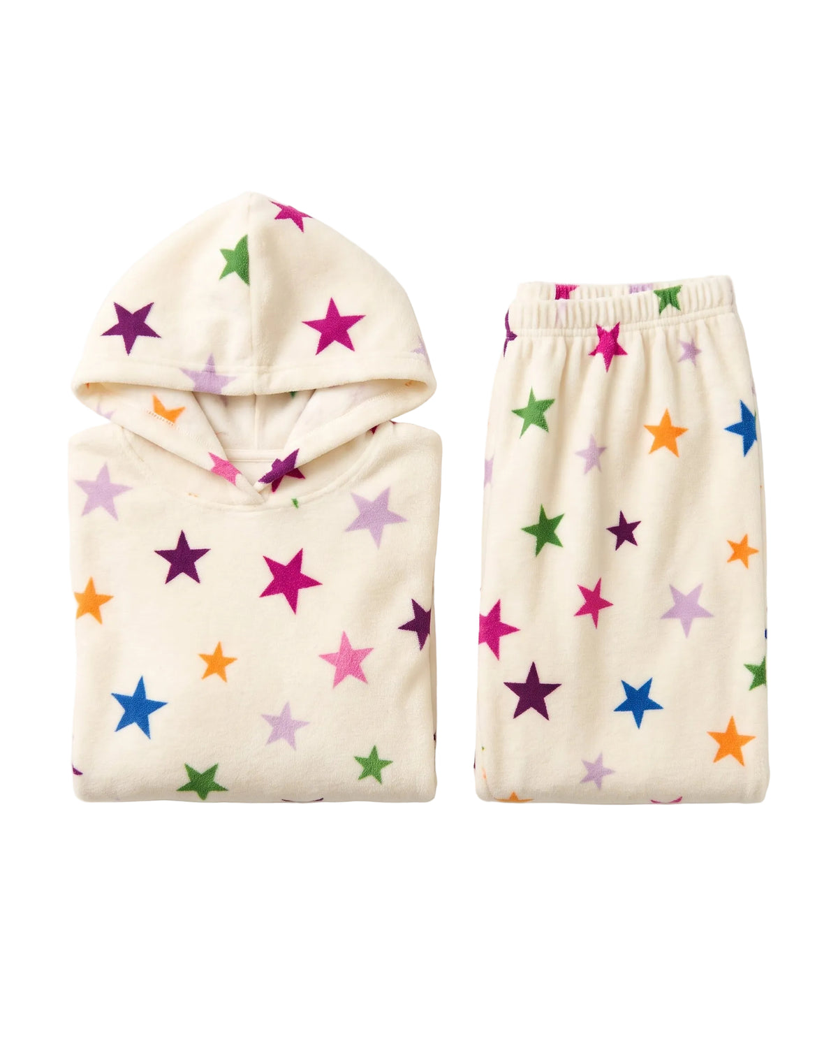 A folded two-piece pajama set on a white background, featuring a cream-colored fleece hoodie and matching pants covered in a colorful star pattern.