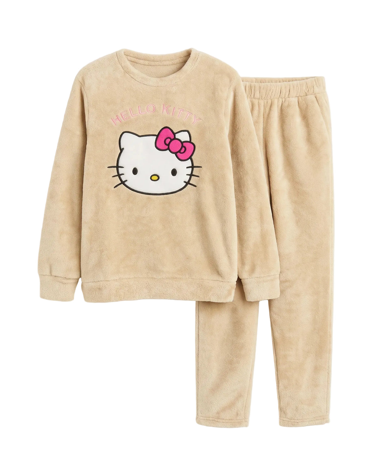 A two-piece children's pajama set in a beige fleece fabric, featuring a long-sleeve sweatshirt with a Hello Kitty graphic and matching pants, displayed on a clean white background.