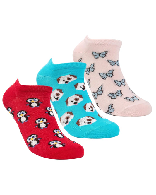 Girls' 3-Pair Printed Cotton Ankle Socks - Multicolor