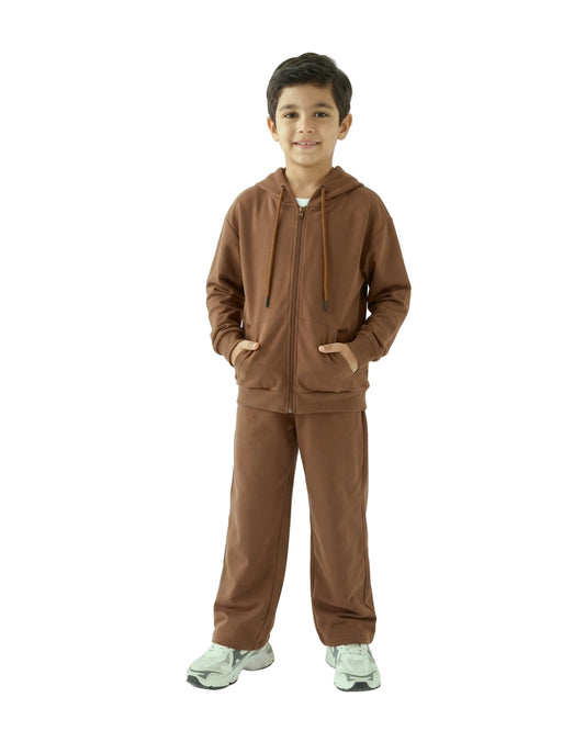 Boys' Brown Solid Zip-Up Hoodie Jacket – Stretch Cotton Blend