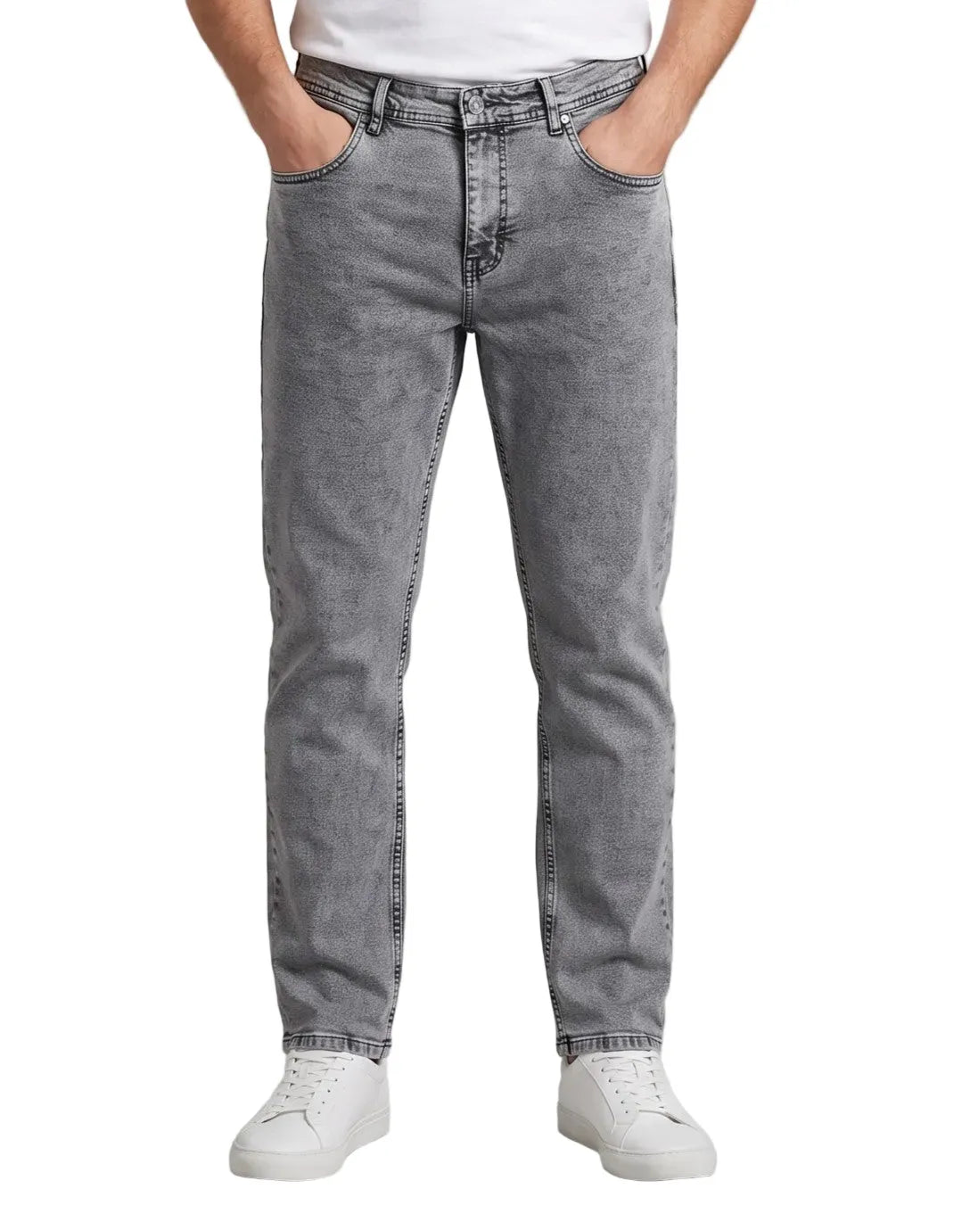 Men's grey straight fit jeans with fixed waist and button closure by TREE