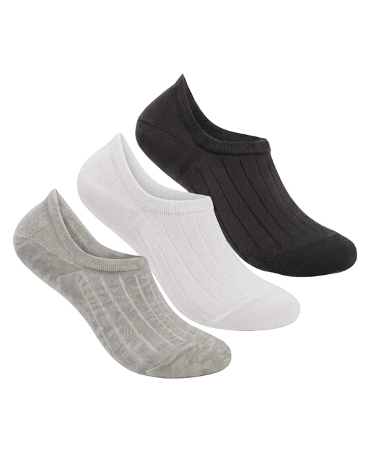 Men's 3-pair ribbed no-show cotton socks in black, white, and grey