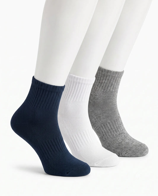 Kids' 3-Pack Cotton Ankle Socks in Navy, White & Grey – 80% Cotton