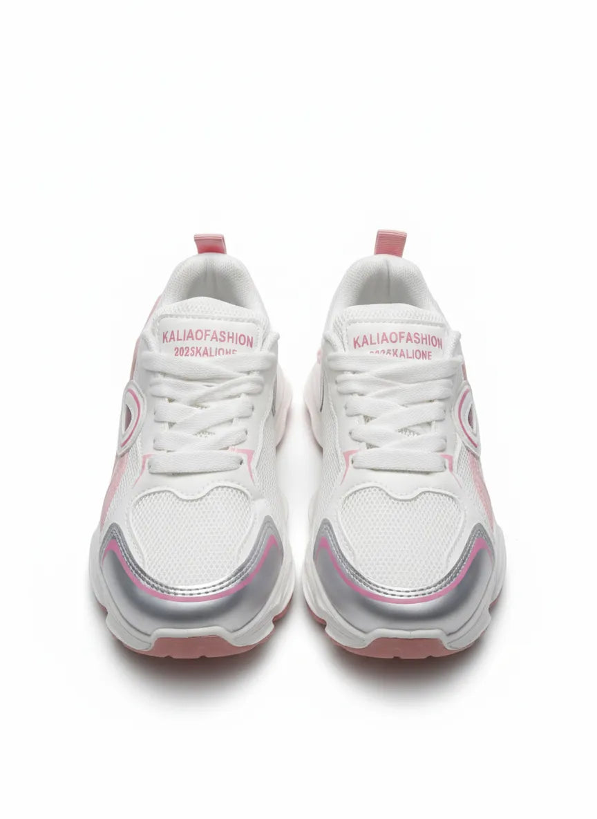 Multiple views of a girls' white and fuchsia fashion sneaker featuring a chunky sole and metallic accents by TREE.