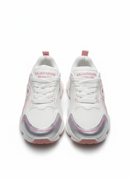 Multiple views of a girls' white and fuchsia fashion sneaker featuring a chunky sole and metallic accents by TREE.