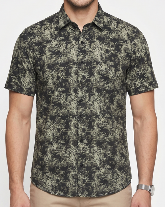 Men's casual short-sleeved printed shirt-Black