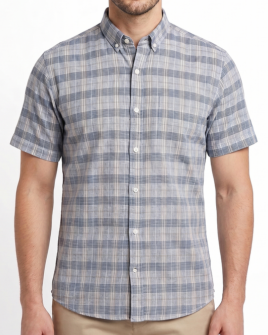 Men's short-sleeved plaid shirt-Gray