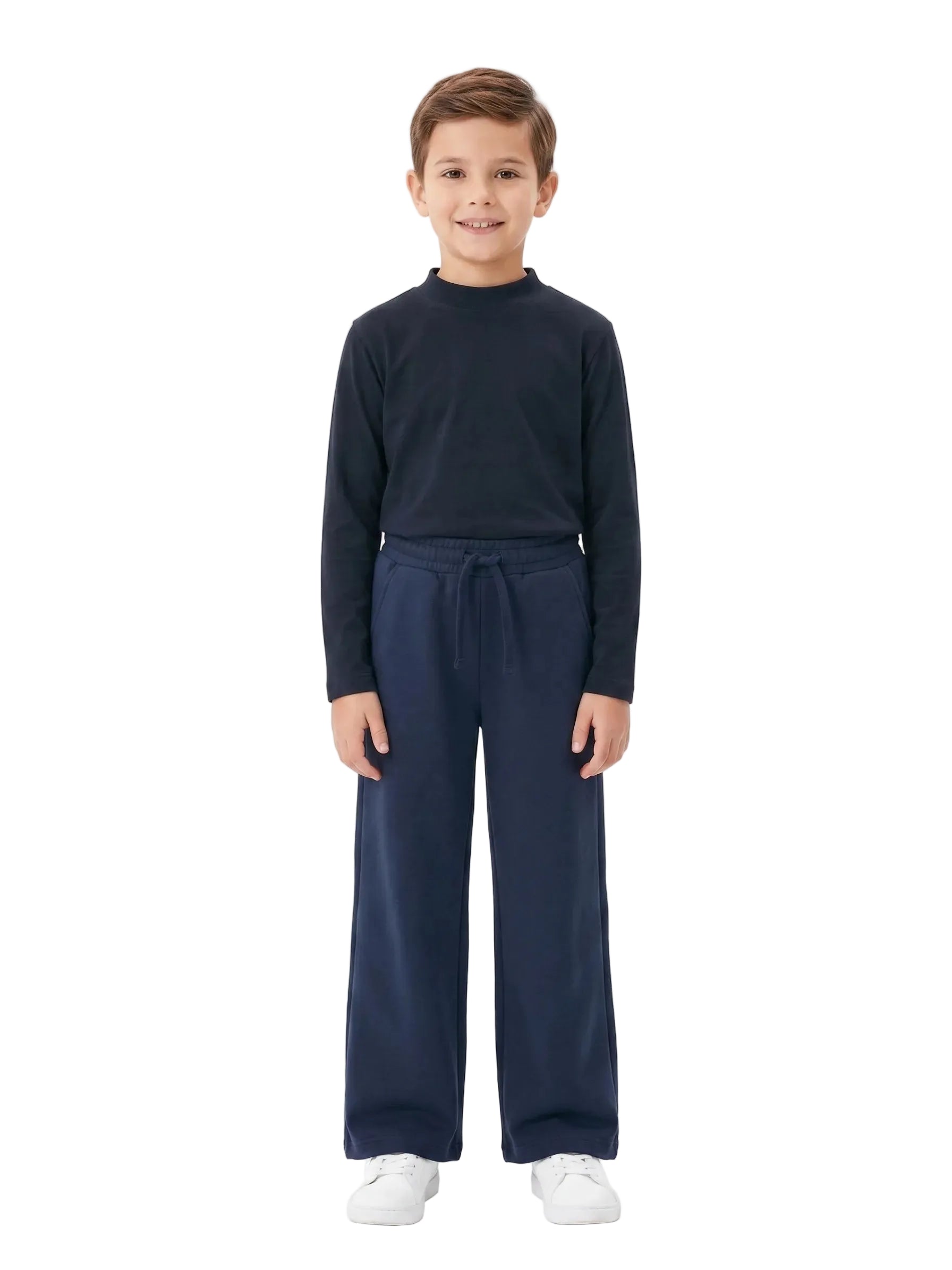 Front view of a young boy wearing a navy high-neck basic top by TREE.