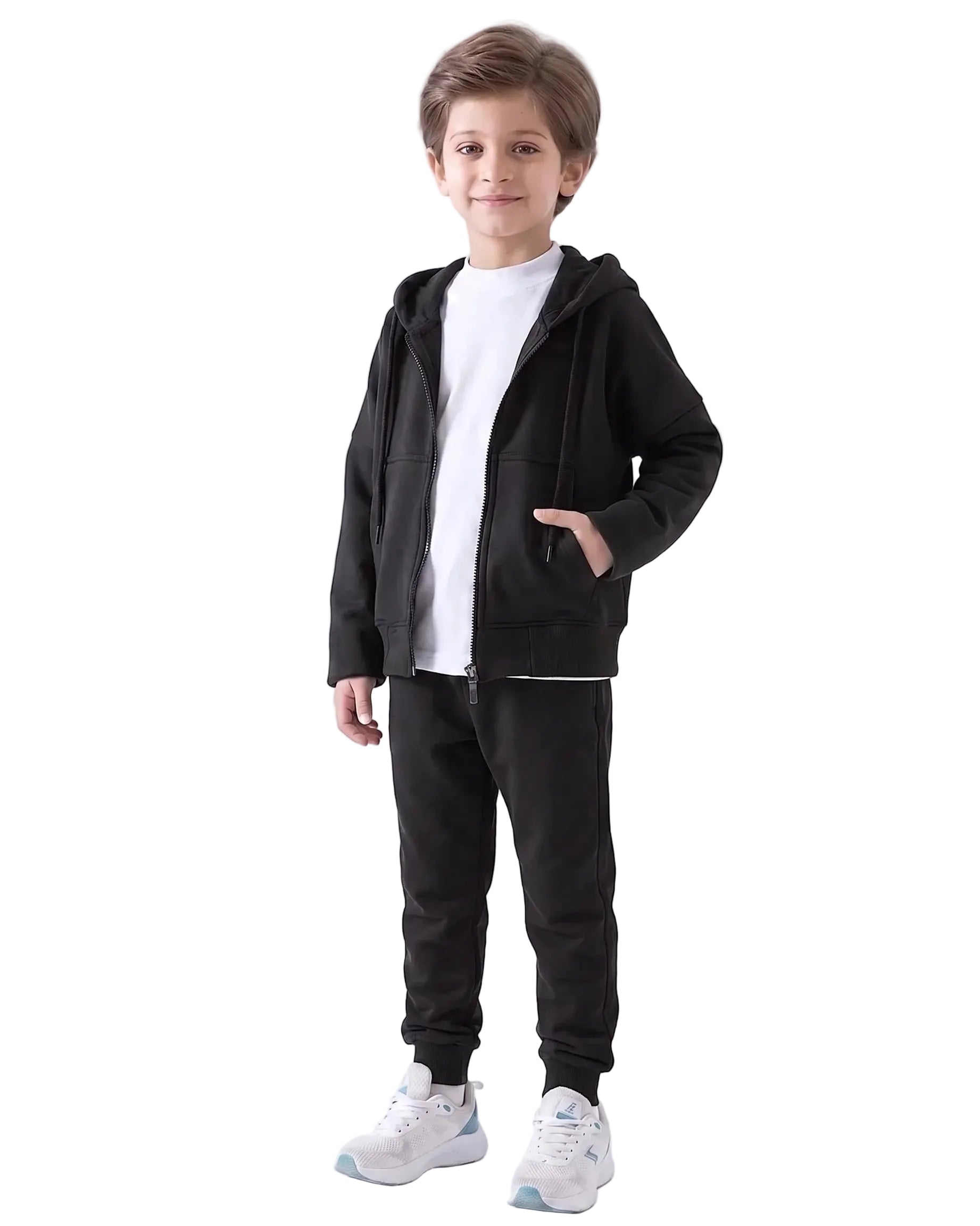 Front view of a young boy wearing an oversized summer milton jacket in black by TREE.