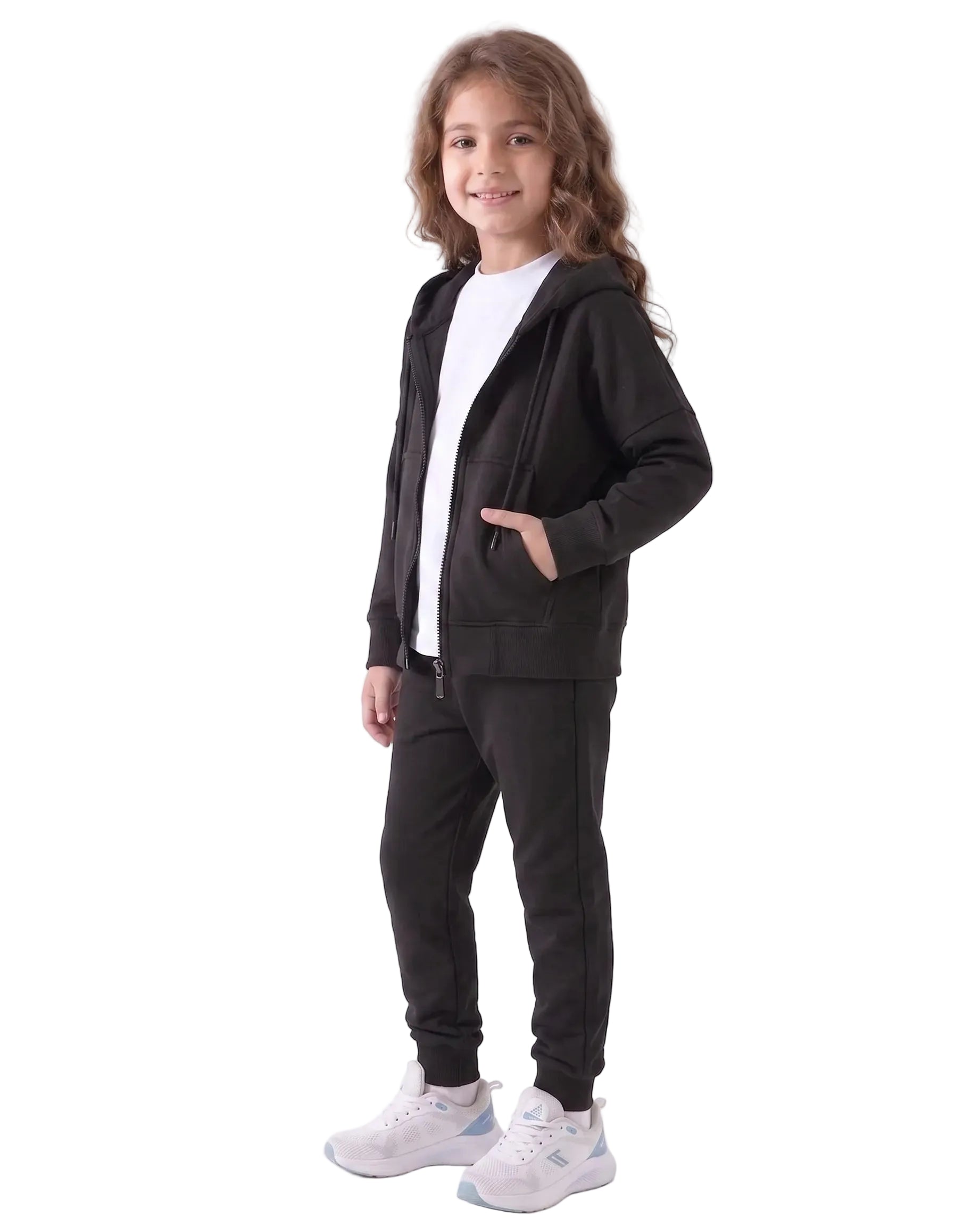 Front view of a young girl wearing an oversized summer milton jacket in black by TREE.