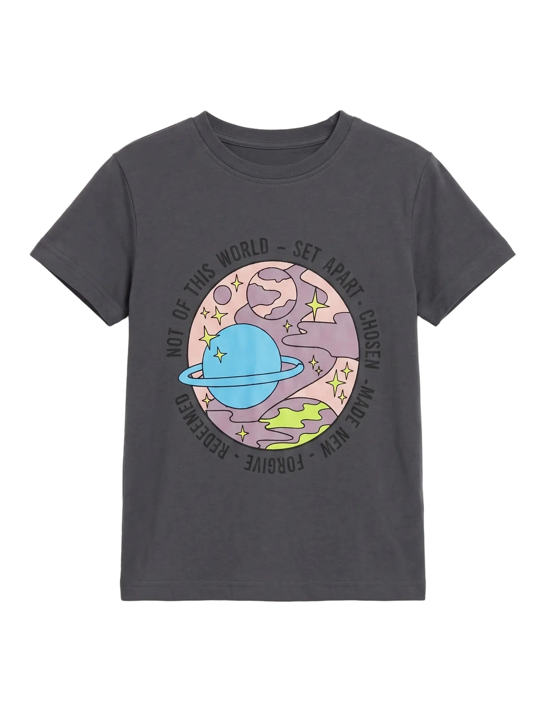 Front view of a young boy wearing a dark grey space print cotton t-shirt by TREE.