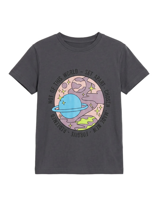 Front view of a young boy wearing a dark grey space print cotton t-shirt by TREE.