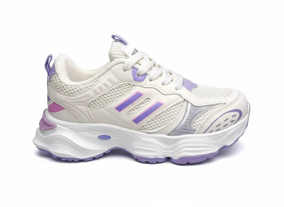Multiple angle views of a girls' white and lavender fashion sneaker featuring a chunky sole and pull tab by TREE.