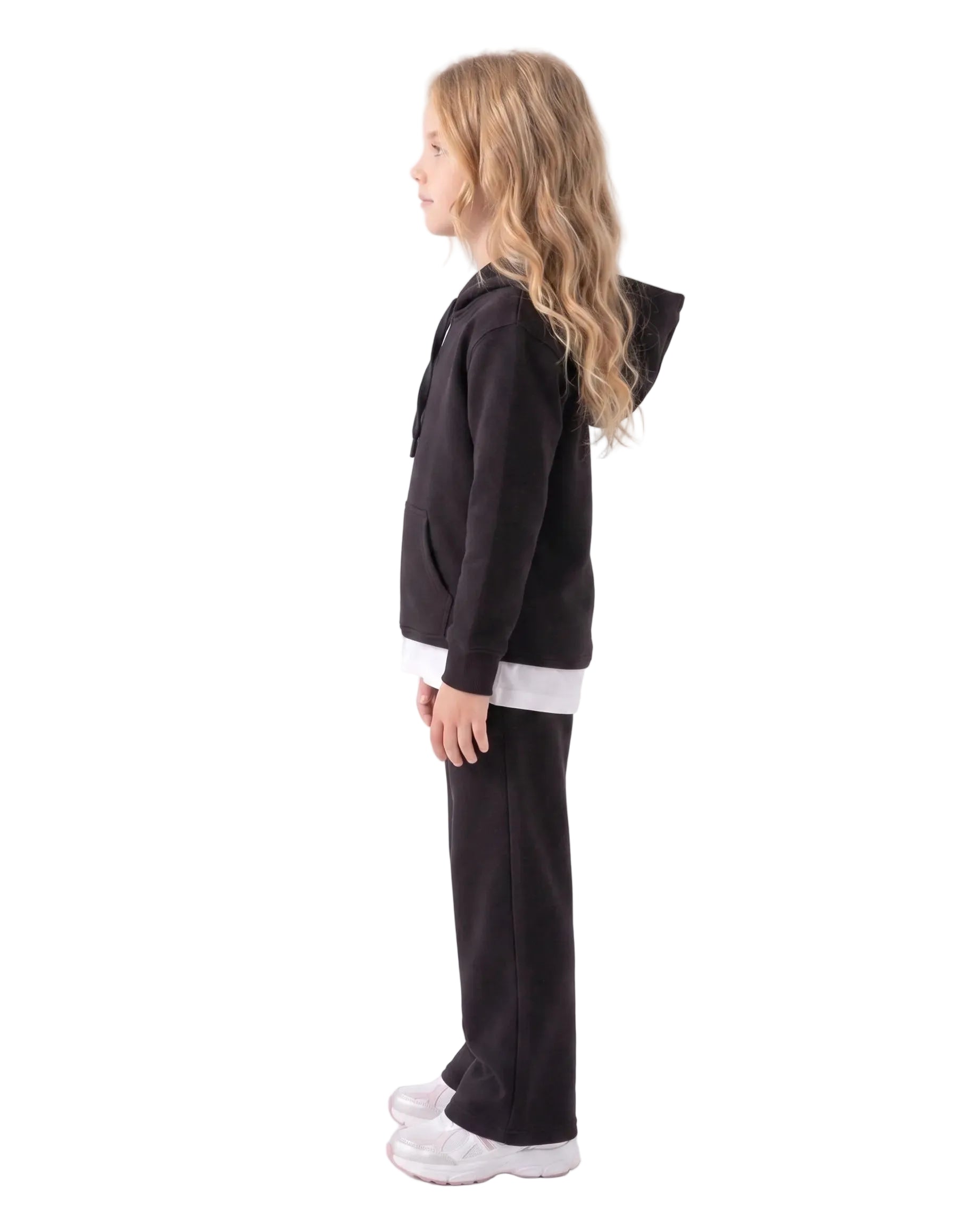Front view of a young girl wearing a black milton hoodie by TREE.