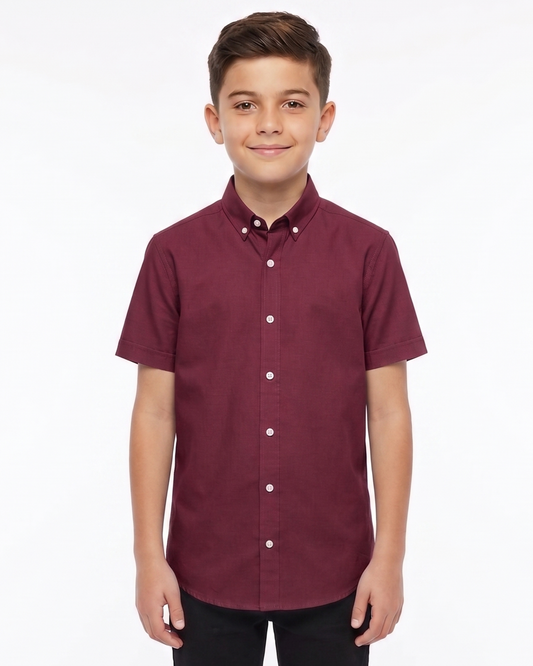 Boys' short-sleeved Oxford shirt-Burgundy
