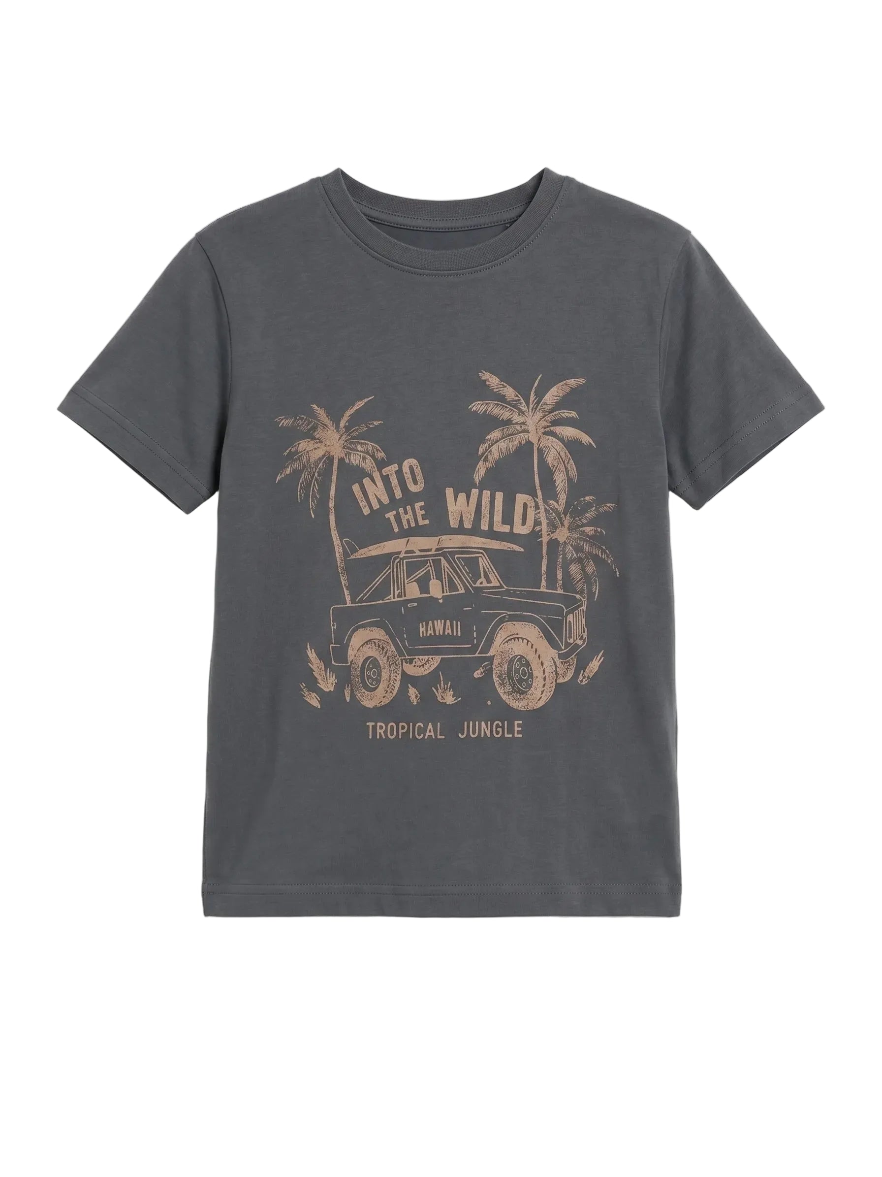 Front view of a young boy wearing a dark grey car print cotton t-shirt by TREE.