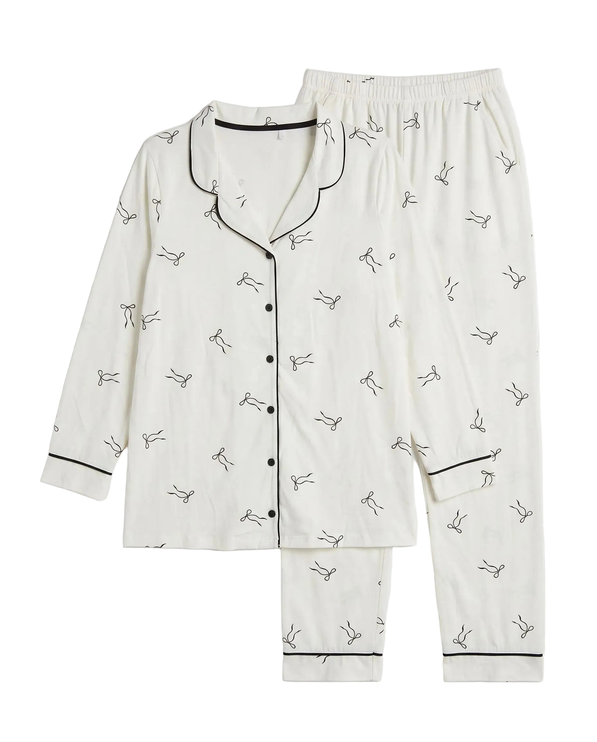 Girls' classic printed pyjama set in off-white with black bow pattern by TREE   