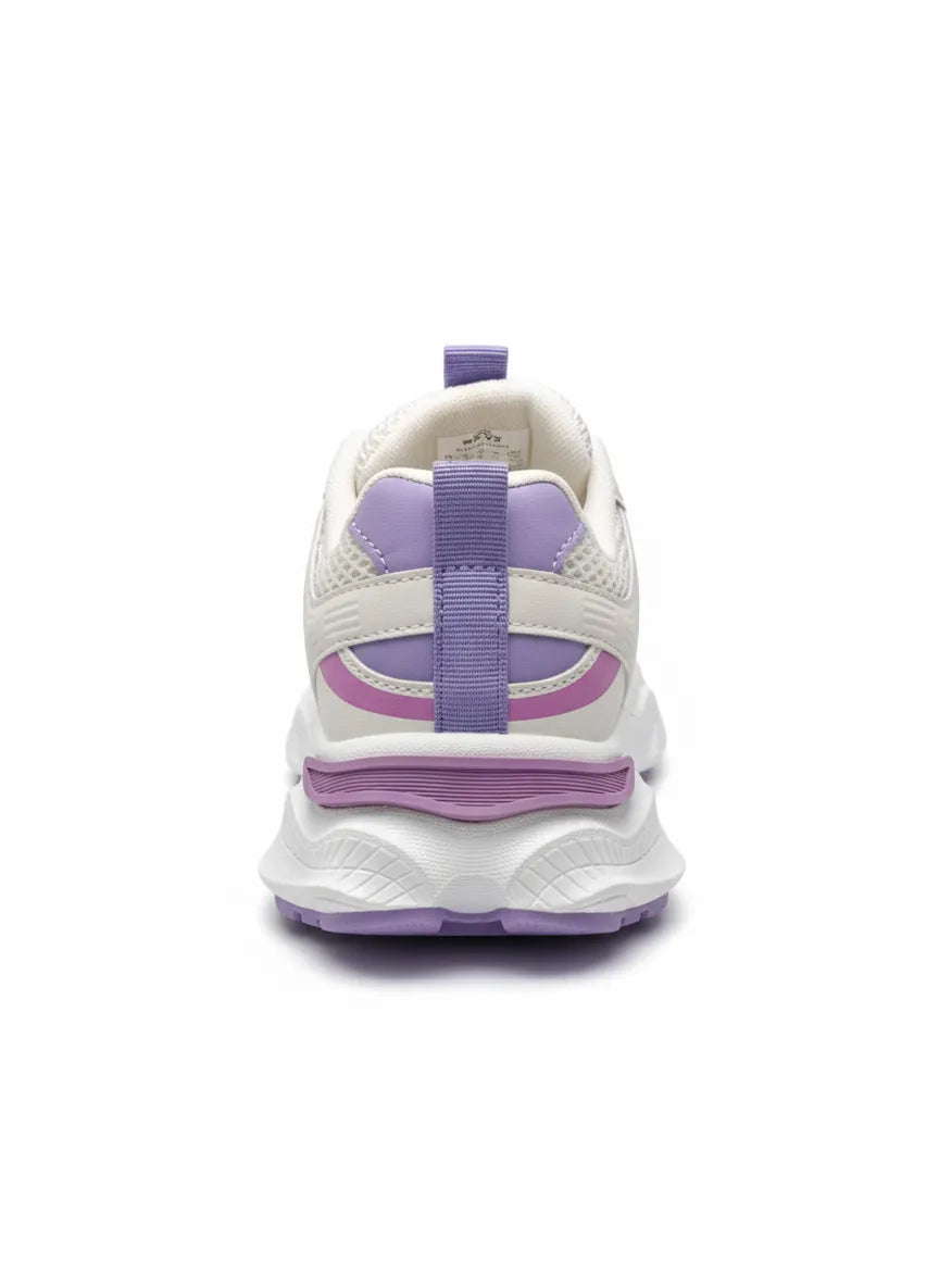Multiple angle views of a girls' white and lavender fashion sneaker featuring a chunky sole and pull tab by TREE.