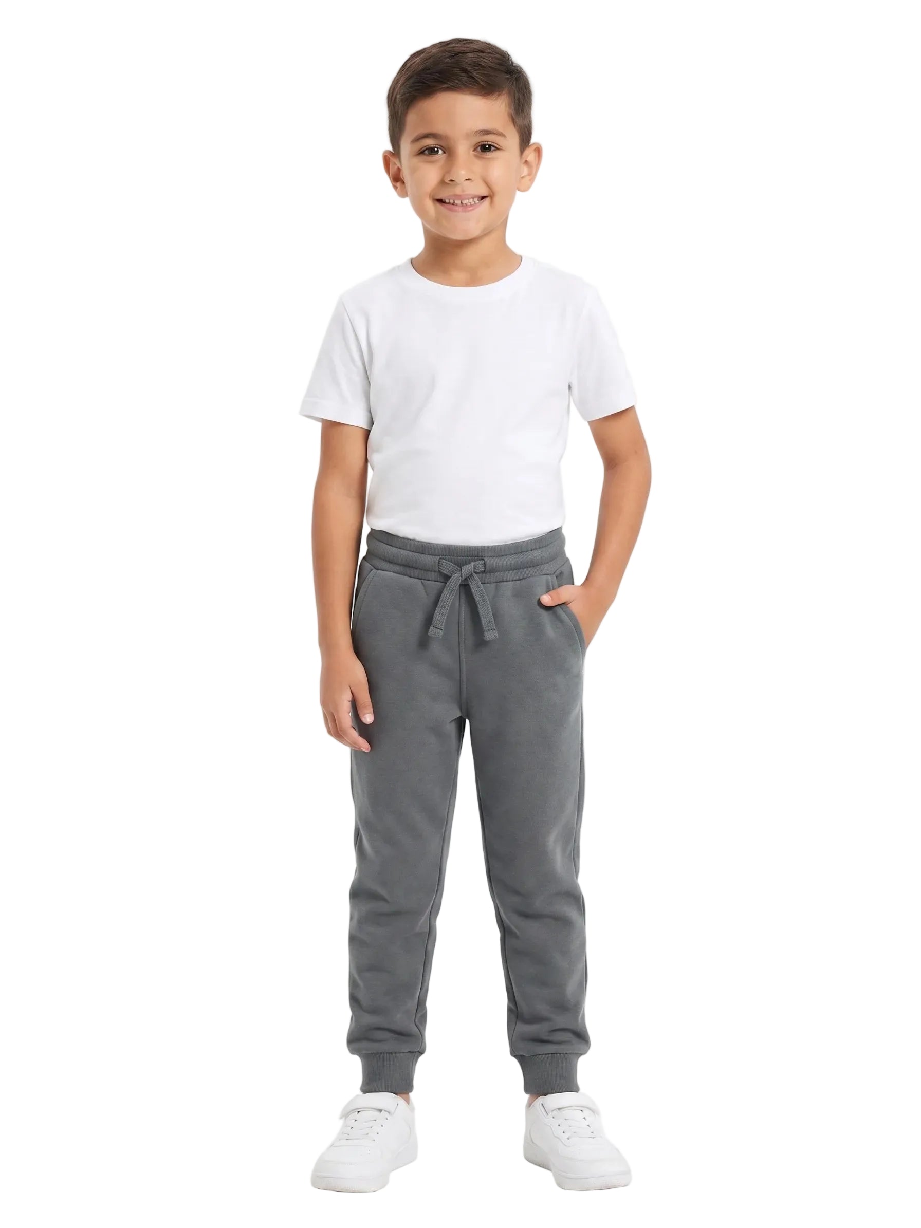 Front view of a young boy wearing dark grey summer milton sweatpants by TREE.
