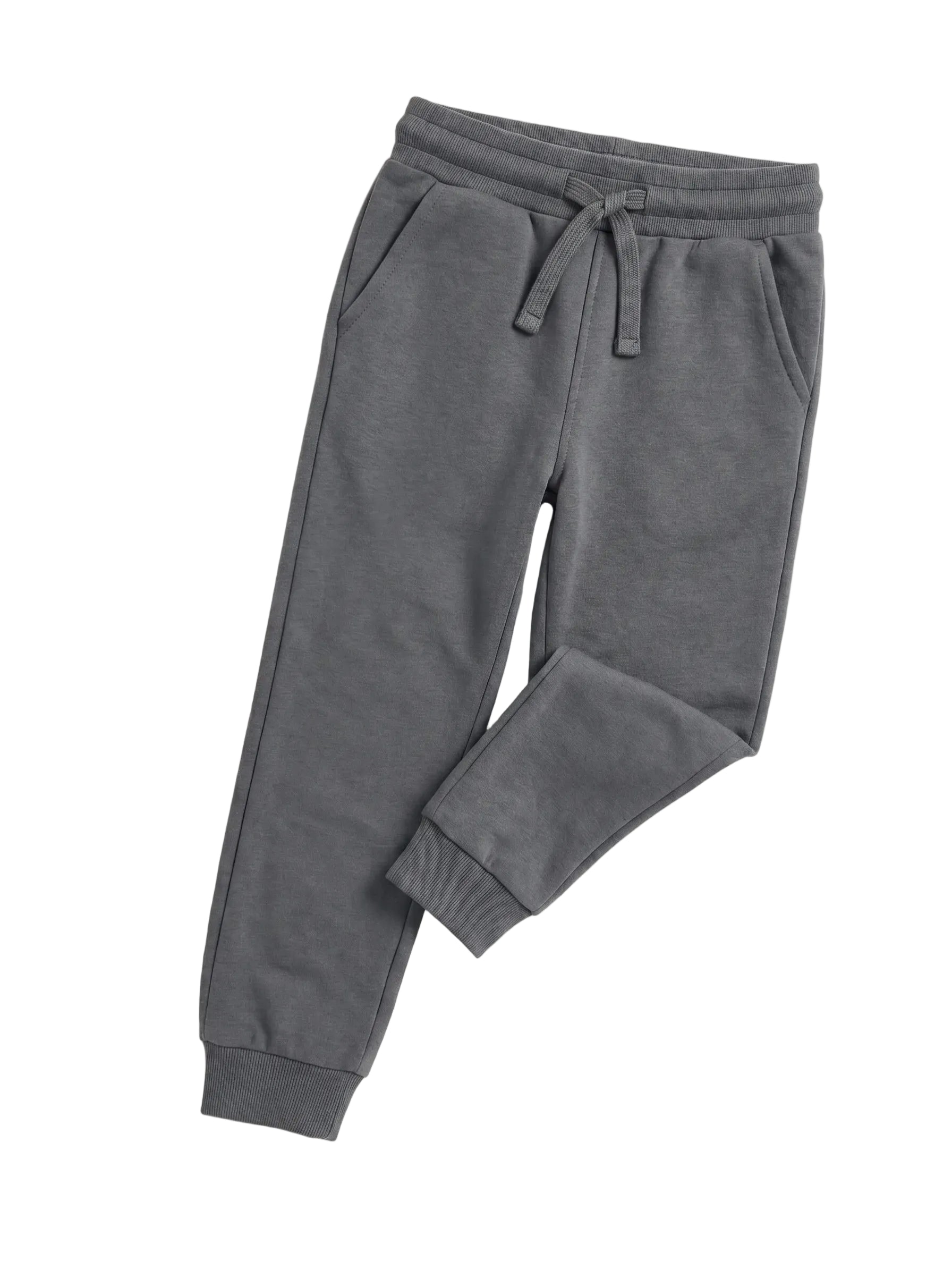 Front view of a young boy wearing dark grey summer milton sweatpants by TREE.