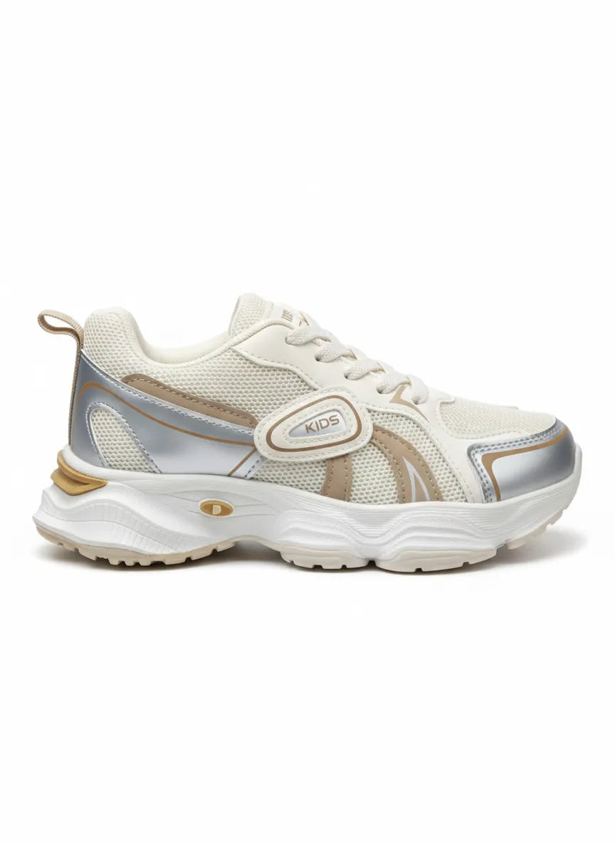 Multiple angle views of a kids' white and beige fashion sneaker featuring a chunky sole and pull tab by TREE.