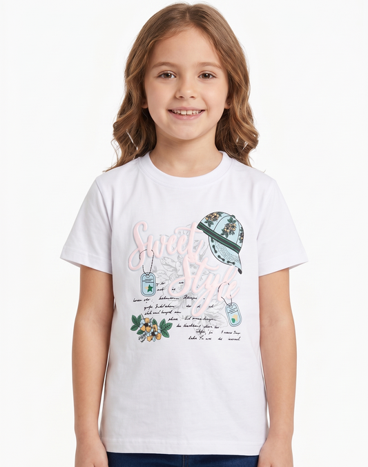 Girls' printed t-shirt with Short Sleeve -White