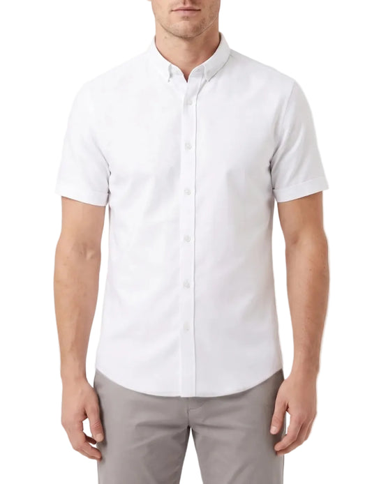 Front view of a white oxford half sleeve shirt featuring a slim fit by TREE.