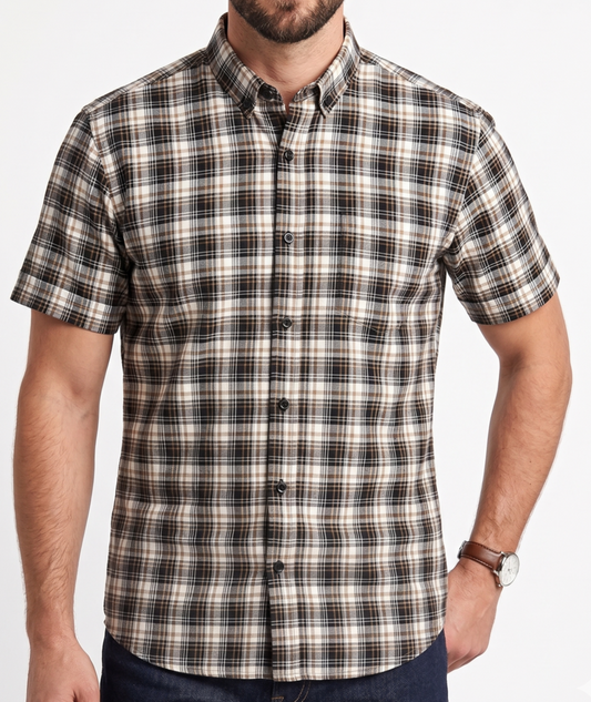 Men's short-sleeved plaid shirt-Black