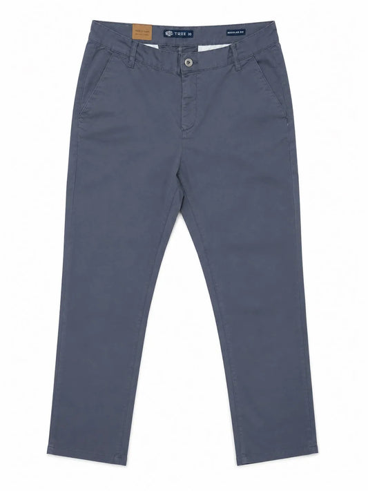 Studio shot of men's regular-fit gabardine pants with side pockets in grey by TREE.