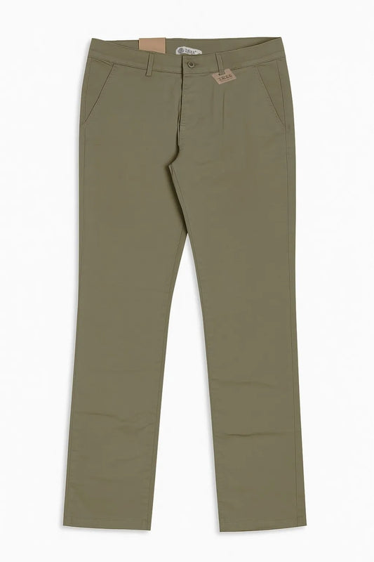 Studio shot of men's regular-fit gabardine pants with side pockets in olive by TREE.
