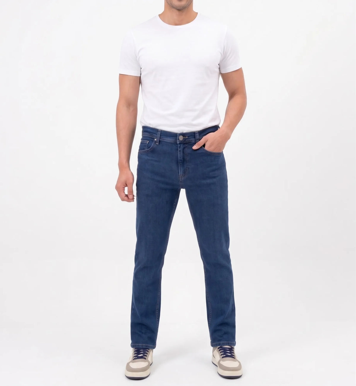 Studio shot of men's straight-fit jeans in dark blue by TREE.