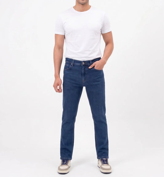 Studio shot of men's straight-fit jeans in dark blue by TREE.