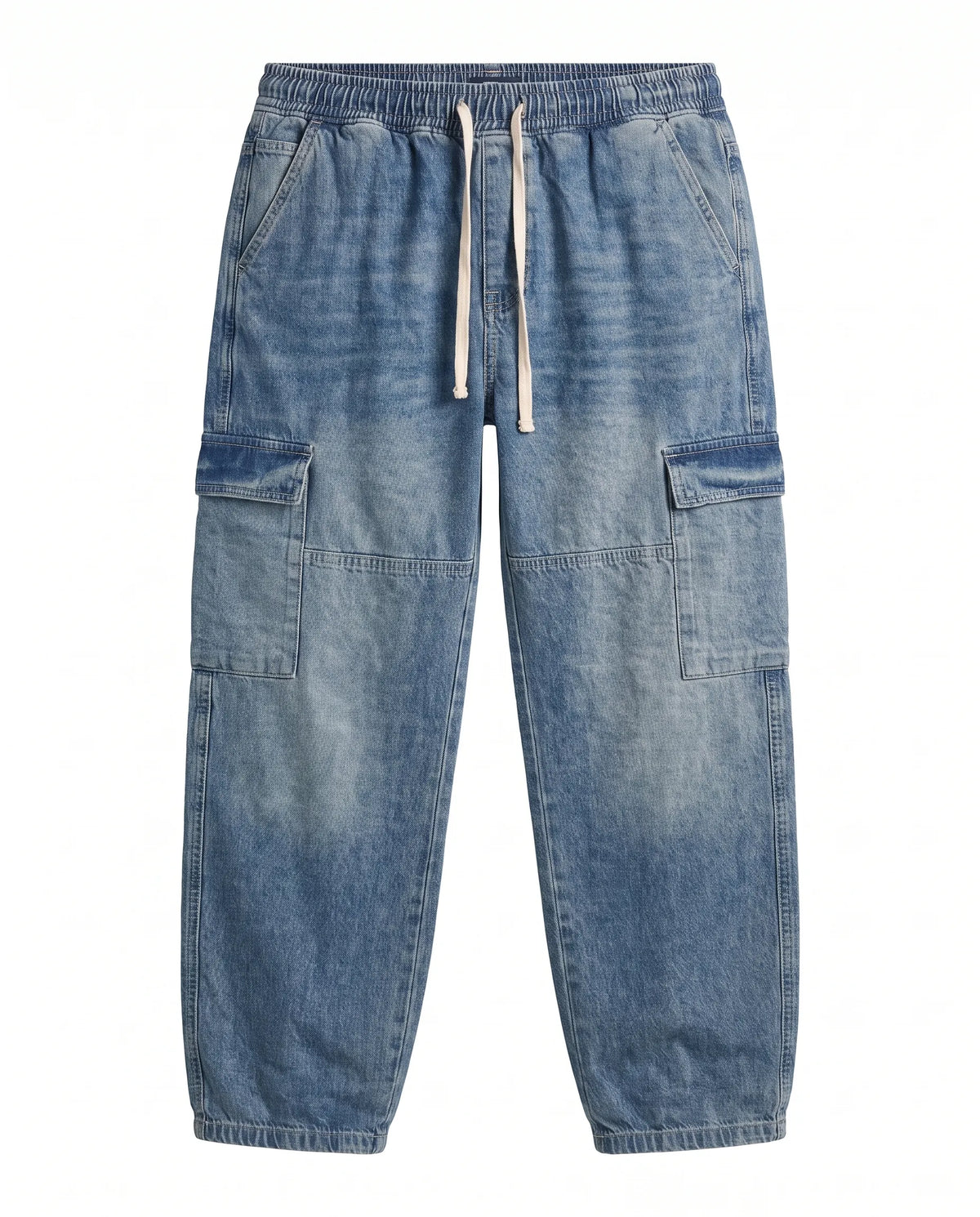 Men's light blue wide leg cargo jeans made of 100% cotton with elastic waist and drawstring by TREE   