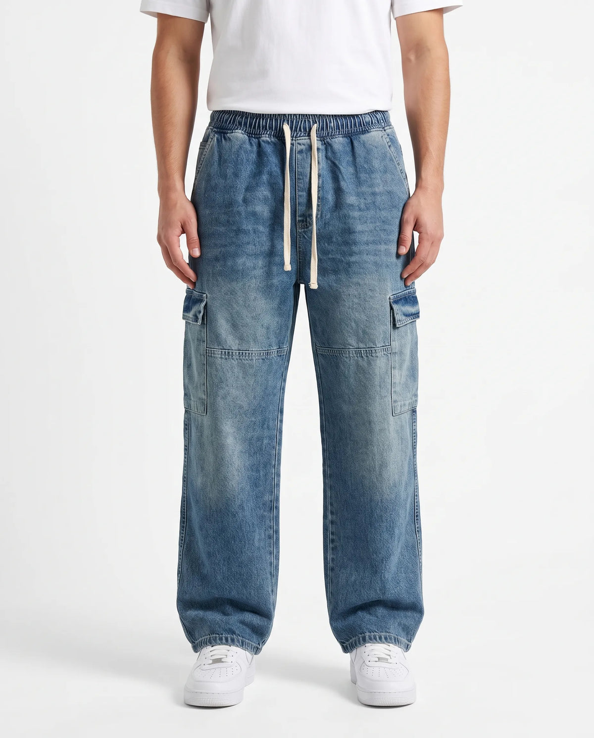 Men's light blue wide leg cargo jeans made of 100% cotton with elastic waist and drawstring by TREE   