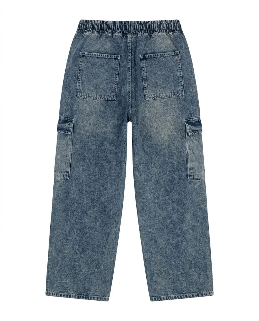 Men's light blue wide leg cargo jeans made of 100% cotton with elastic waist and drawstring by TREE   