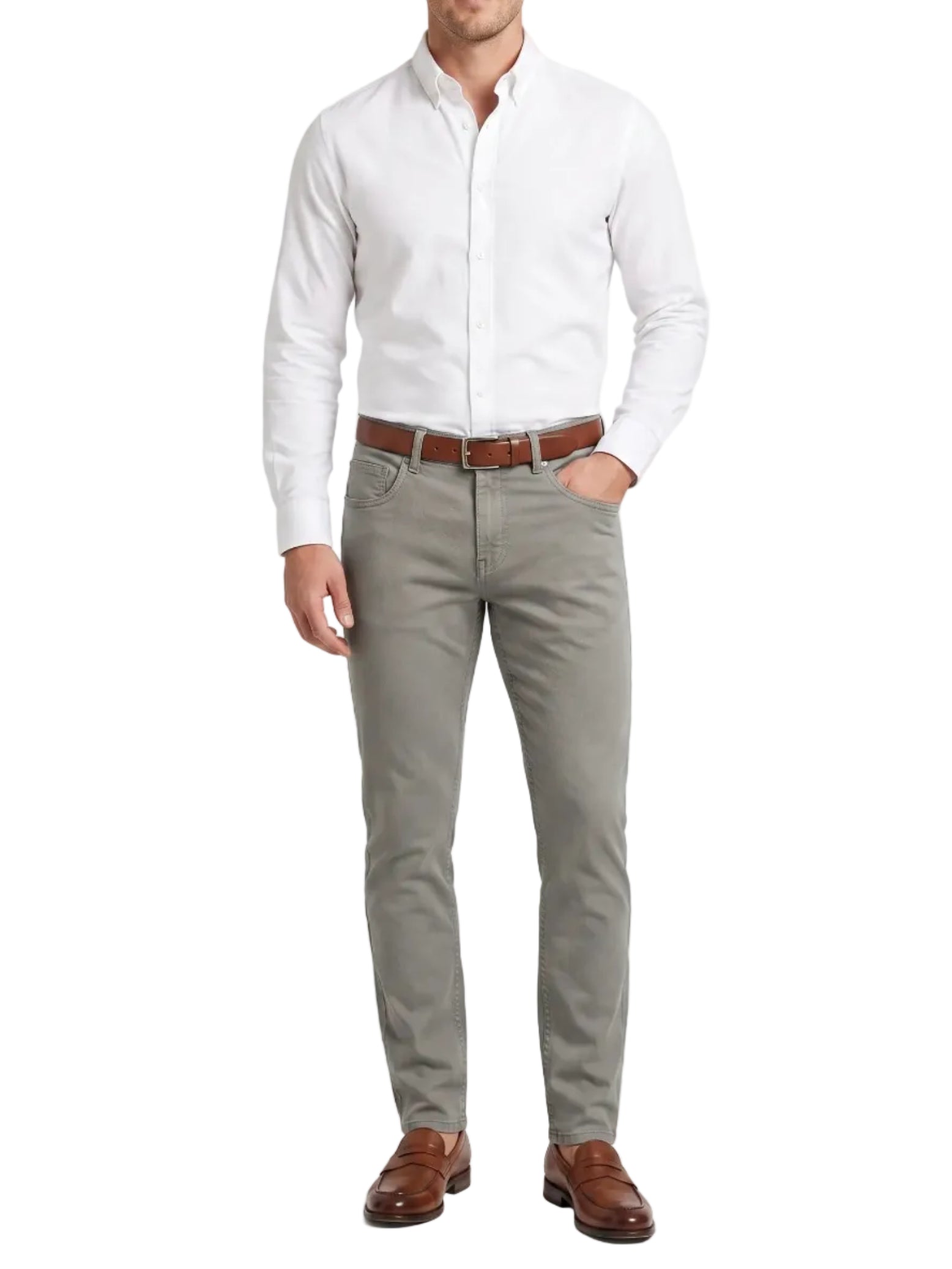 Front view of a man wearing gabardine 5-pocket pants by TREE.