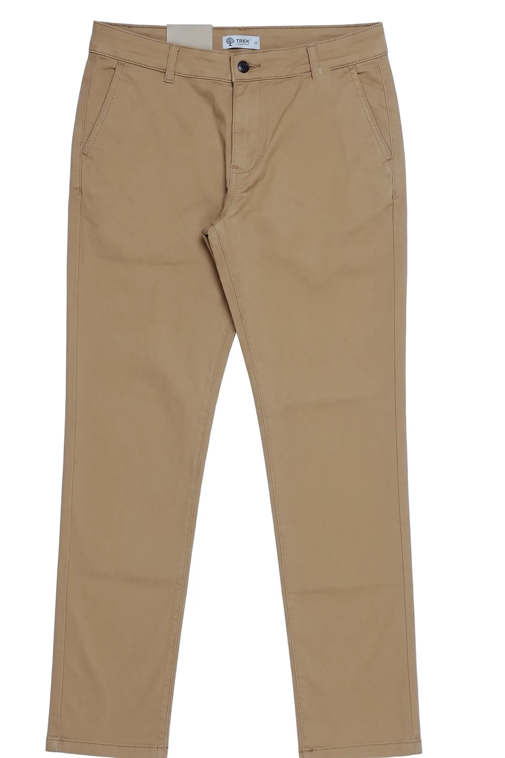 Studio shot of men's regular-fit gabardine pants with side pockets in camel by TREE.