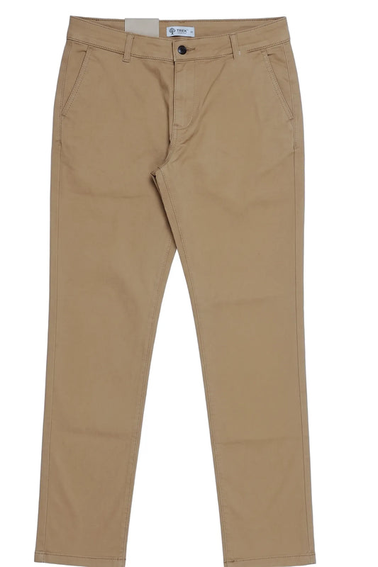 Studio shot of men's regular-fit gabardine pants with side pockets in camel by TREE.