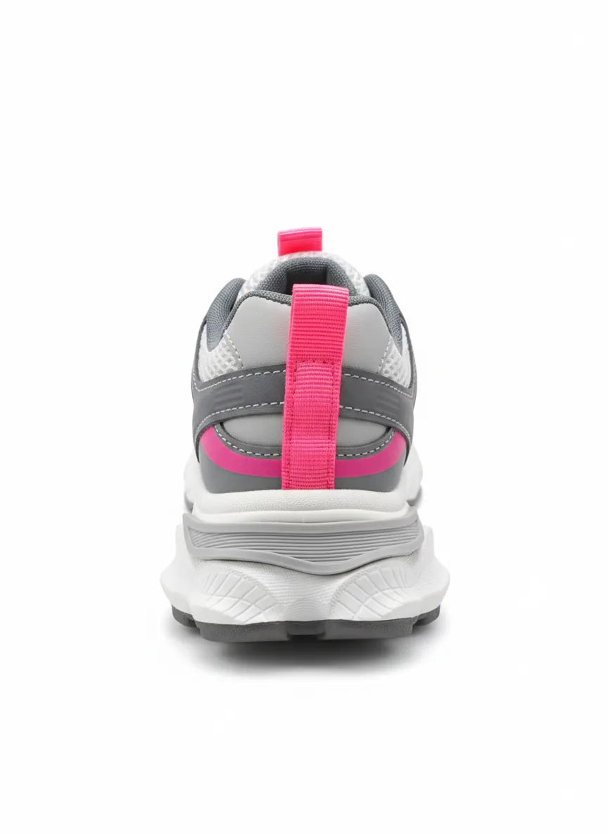 Multiple angle views of a kids' grey and fuchsia fashion sneaker featuring a chunky sole and pull tab by TREE.