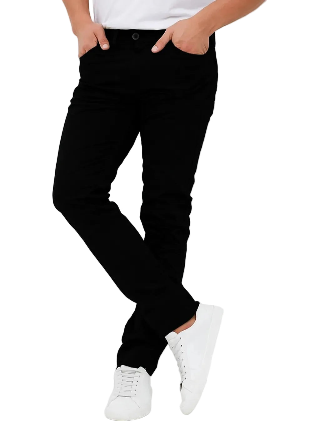 Studio shot of men's slim-fit 5-pocket gabardine pants in black by TREE.