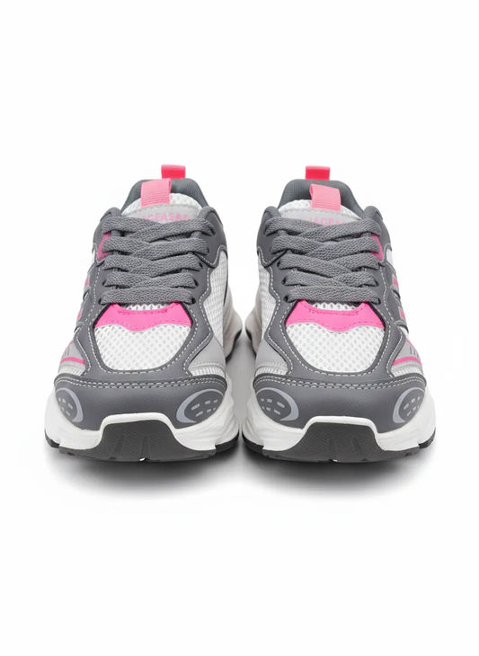Multiple angle views of a kids' grey and fuchsia fashion sneaker featuring a chunky sole and pull tab by TREE.
