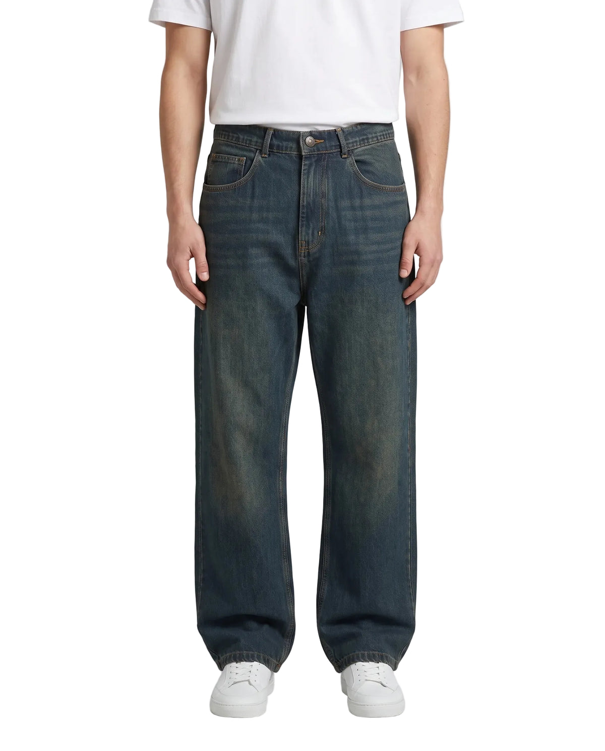 Men's dark blue wide-leg jeans with classic button waist by TREE   