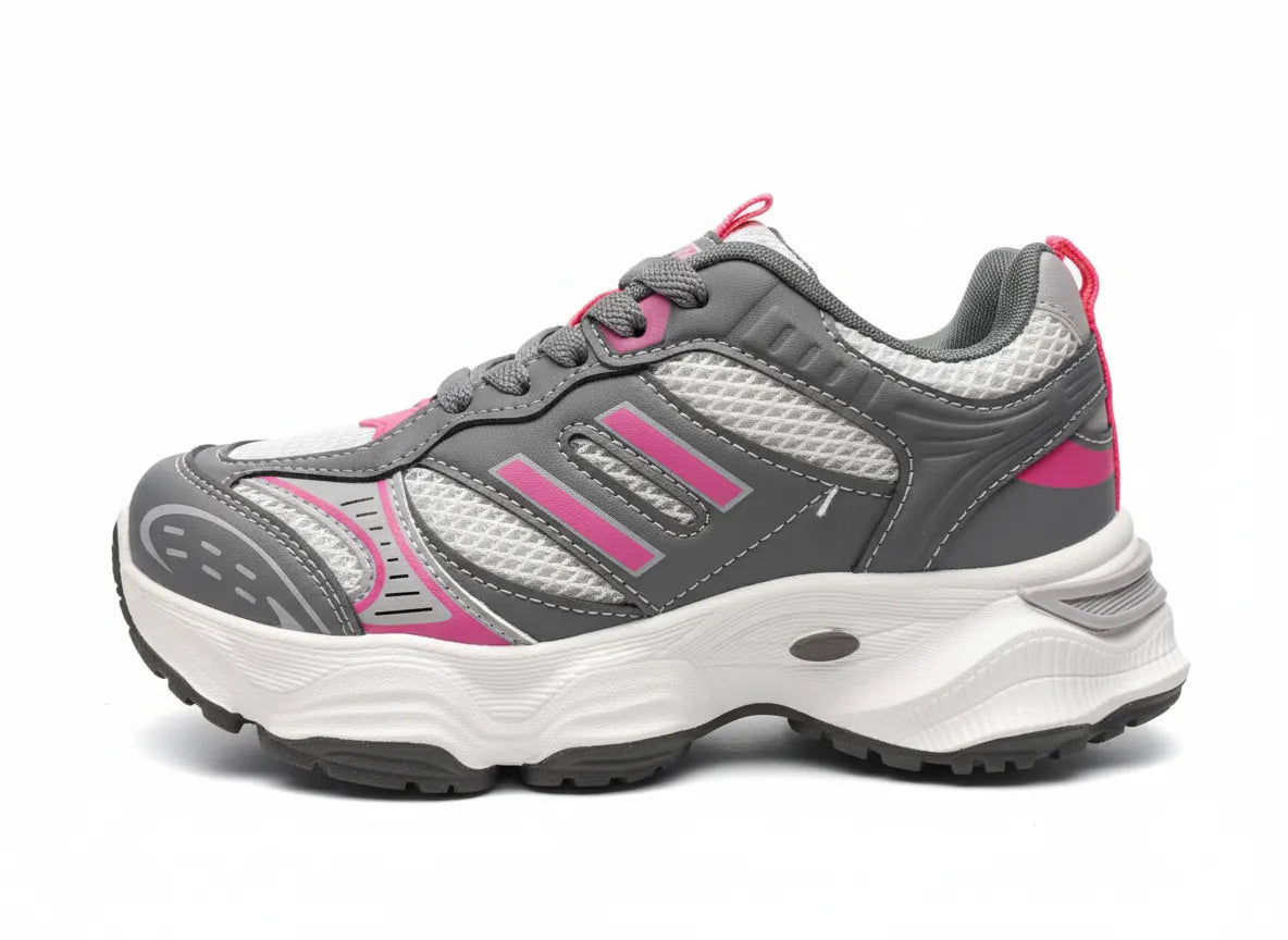 Multiple angle views of a kids' grey and fuchsia fashion sneaker featuring a chunky sole and pull tab by TREE.