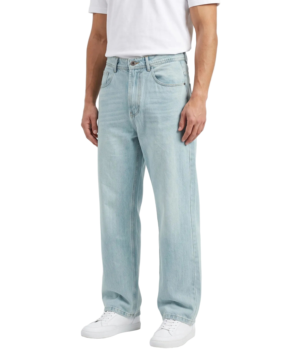 Men's light blue wide-leg jeans with fixed waist and button closure by TREE   