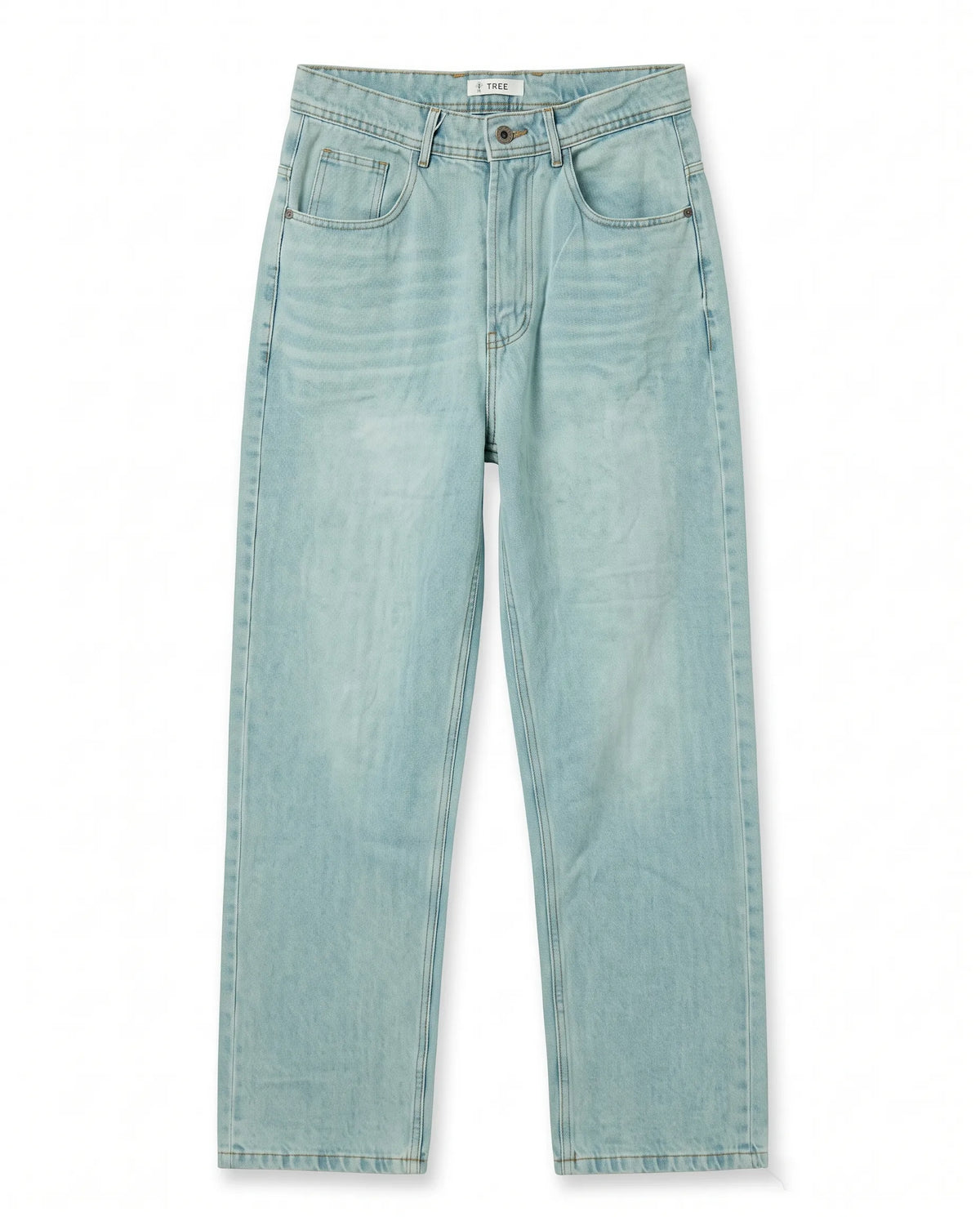 Men's light blue wide-leg jeans with fixed waist and button closure by TREE   