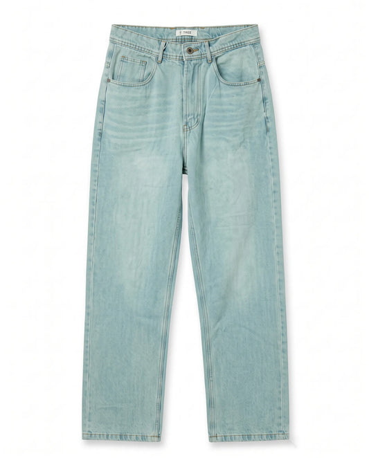 Men's light blue wide-leg jeans with fixed waist and button closure by TREE   