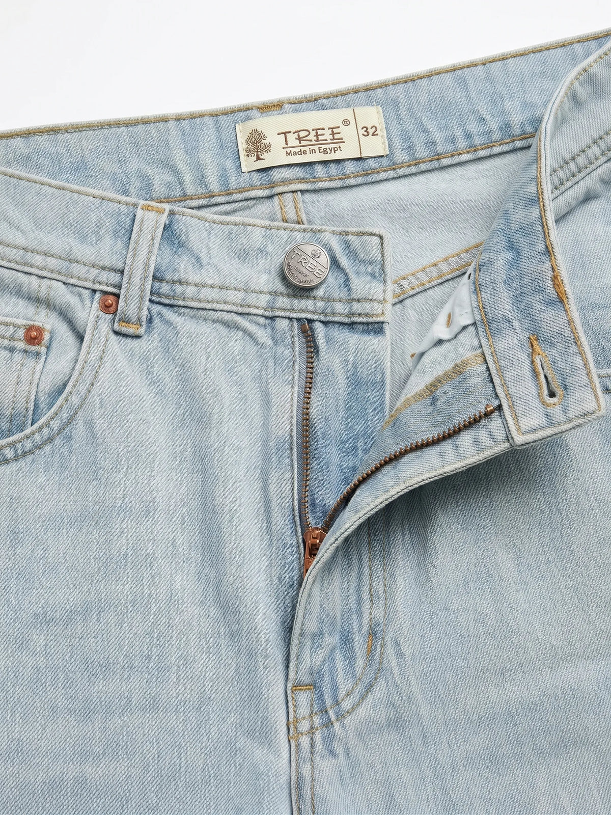 Men's light blue wide-leg jeans with fixed waist and button closure by TREE   