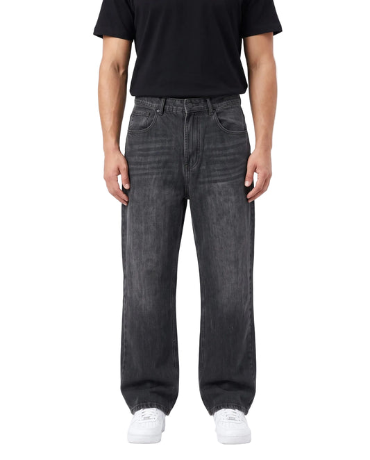 Men's dark grey wide-leg jeans with fixed waist and button closure by TREE   